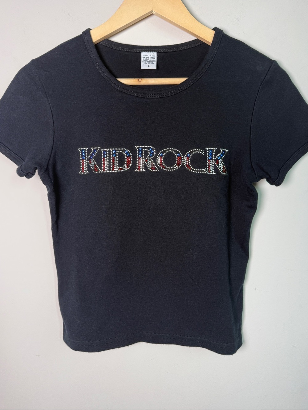 Vintage Kid Rock Rhinestone Bling Band Baby Tee Black Fitted Y2K Sz L